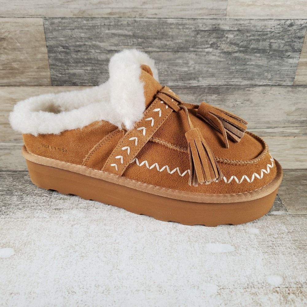 Vintage Havana Charm Womens Slipper Sz 9 M Chestnut Suede Faux Fur Lined Moc Toe